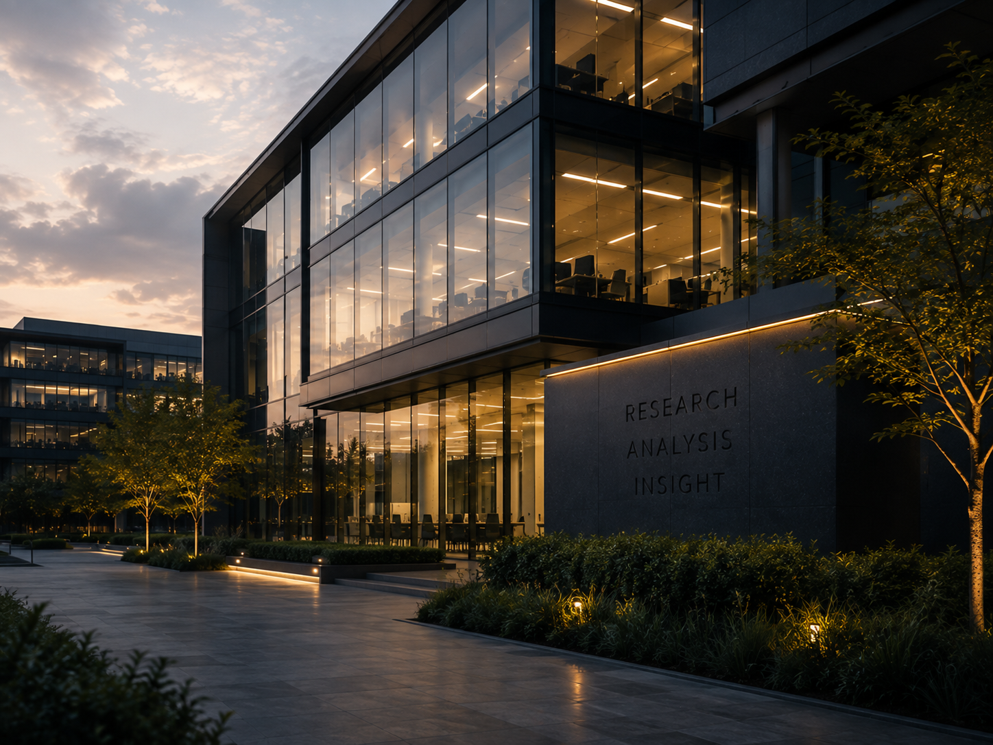 A glass-fronted corporate building at dusk, its offices lit, beside a stone wall lettered Research Analysis Insight