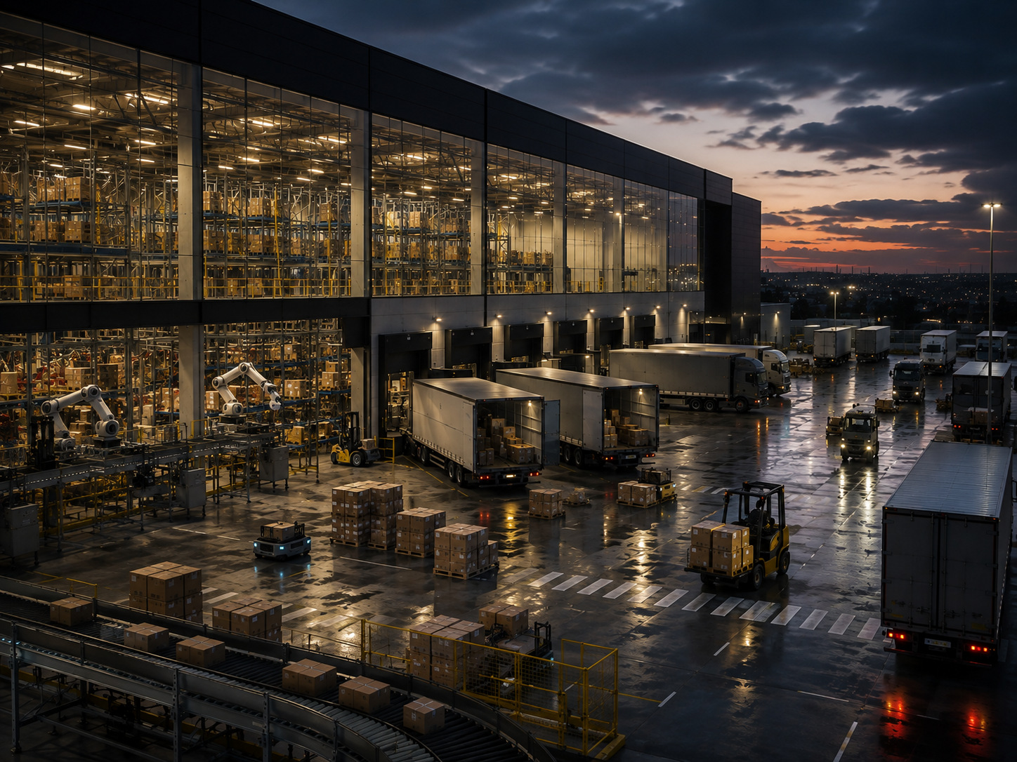 A distribution facility at dusk seen from above, with racking behind glass, loading bays and lorries in the yard