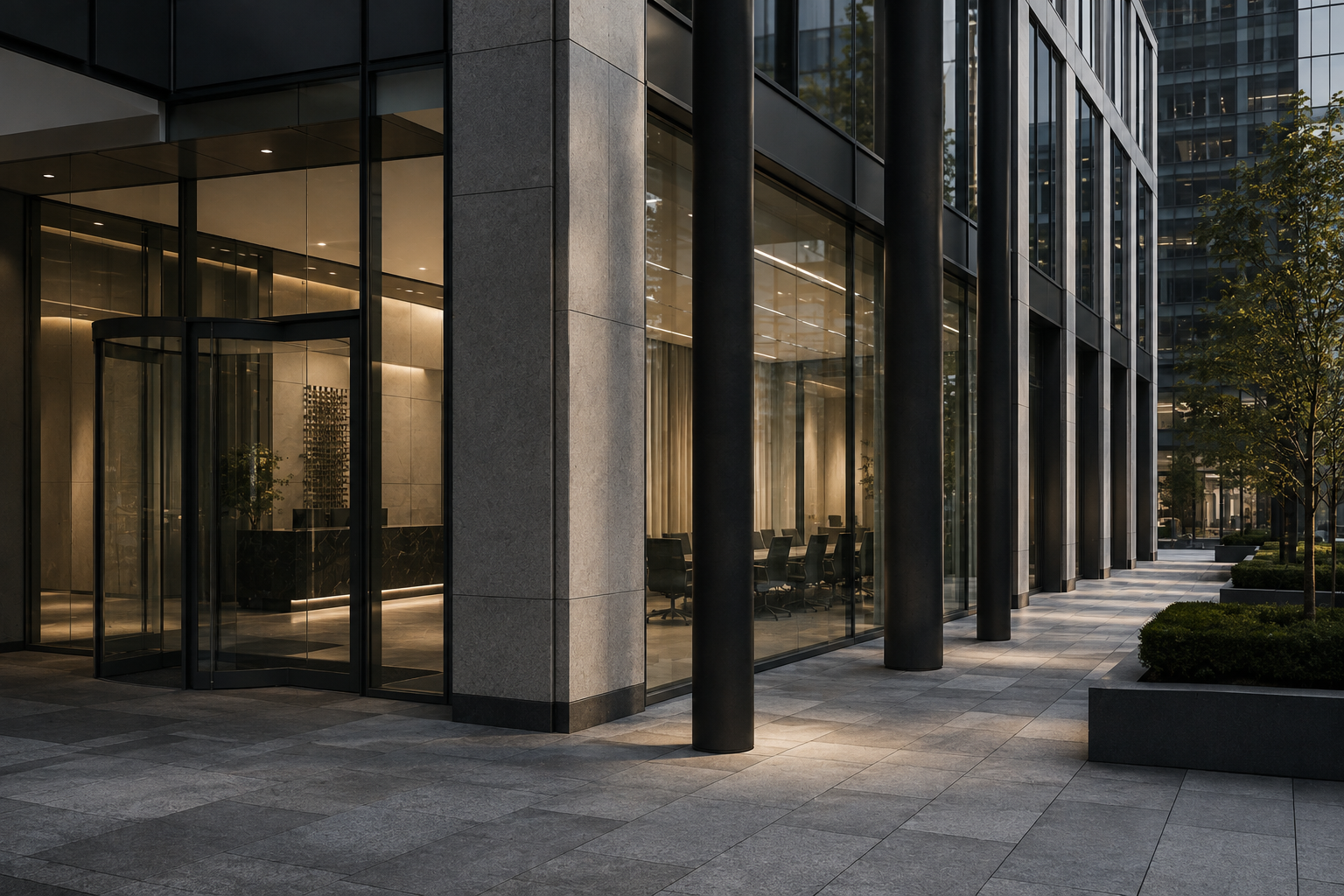 The entrance and colonnade of a modern corporate office building at dusk, with a lit reception and meeting room visible through the glass