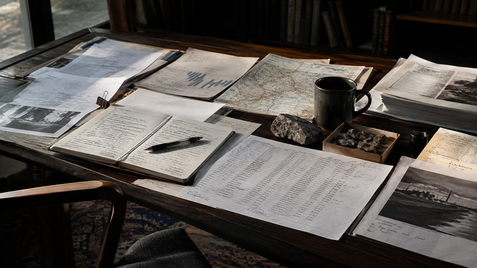 A dark wood table covered with printed reports, charts, a folded map, an open handwritten notebook, mineral samples and a mug