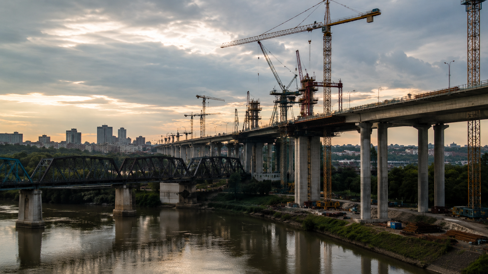 A new river crossing under construction beside an older steel railway bridge, tower cranes working along the unfinished deck at sunset