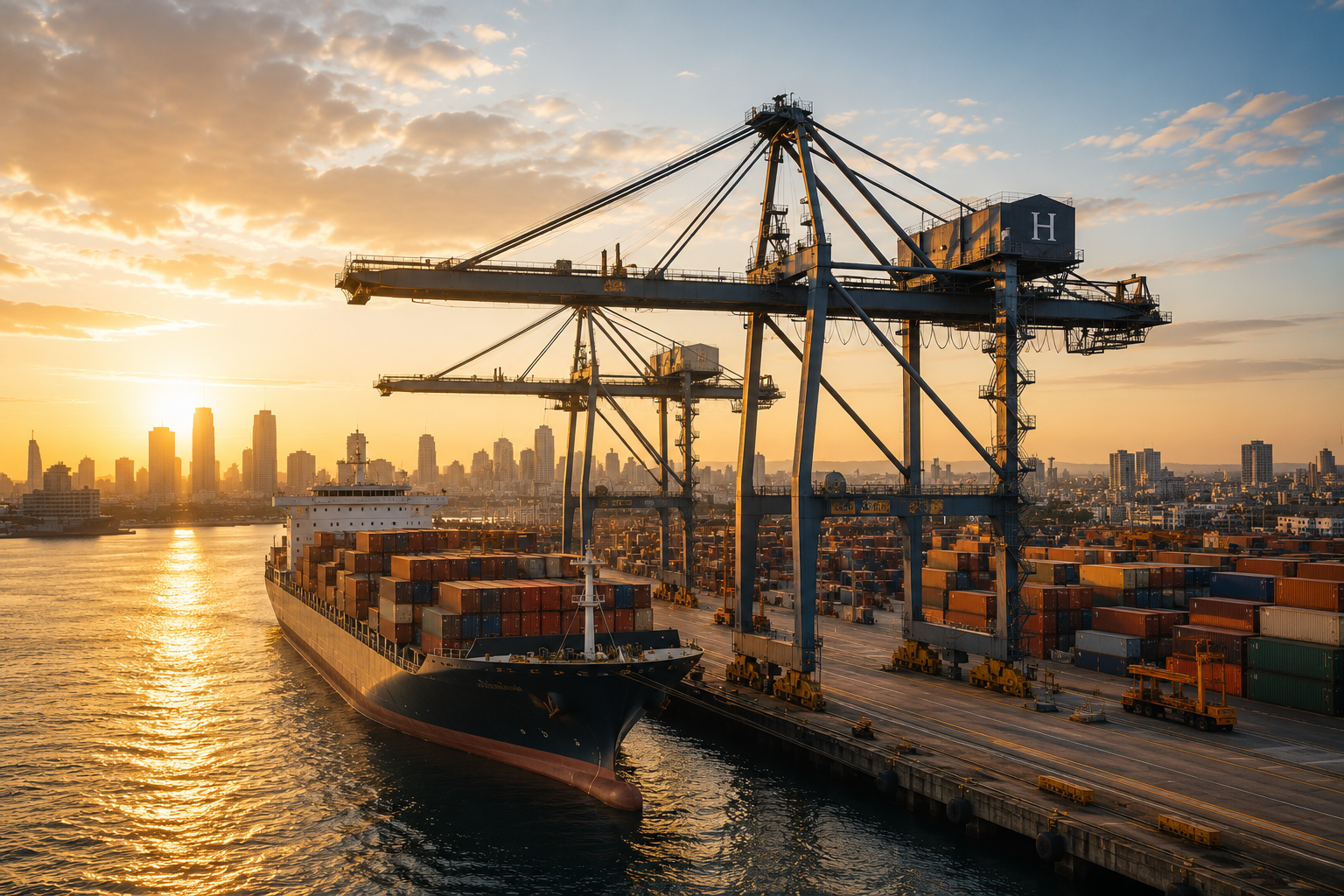 A container ship alongside gantry cranes at a working port at sunrise, with a city skyline across the water