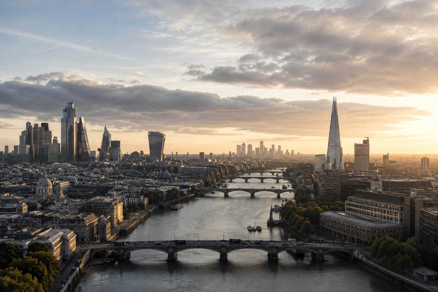 The City of London and Canary Wharf seen from above at dusk, with the Thames and its bridges running through the frame