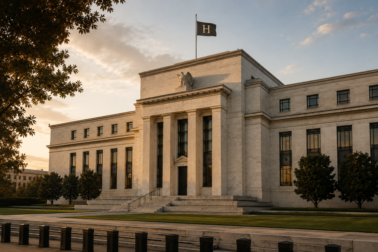 The columned stone facade of an institutional building at first light, seen from the plaza in front of it