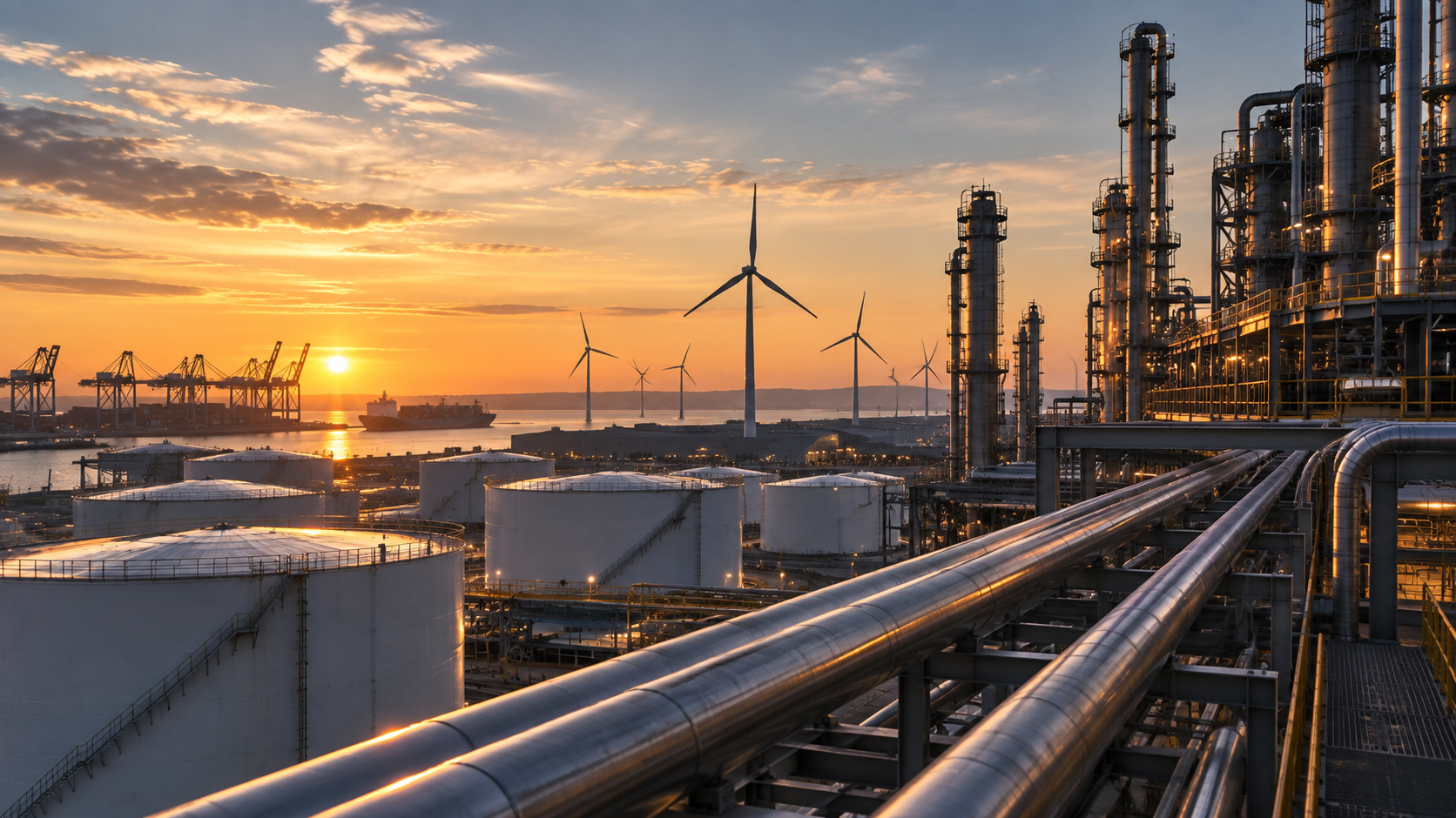 An industrial waterfront at sunset: pipework and storage tanks in the foreground, container cranes and offshore wind turbines beyond